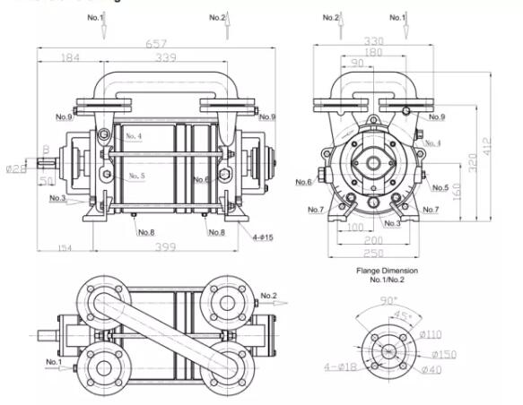 2SK series two-stage water ring vacuum pump installation dimensions