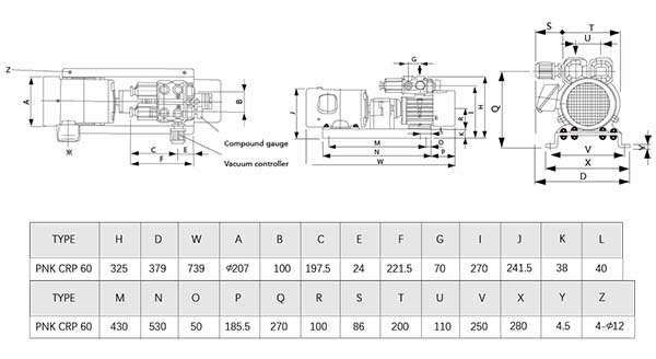 Oil-free rotary vane vacuum pumps installation dimensions